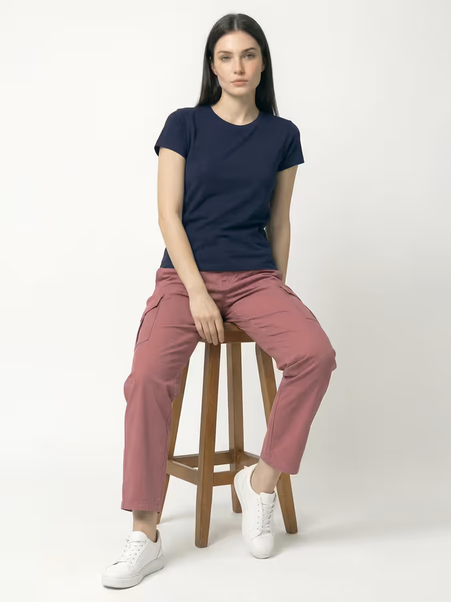 Women's Plain Navy Blue Half Sleeve Round Neck T-Shirt 4
