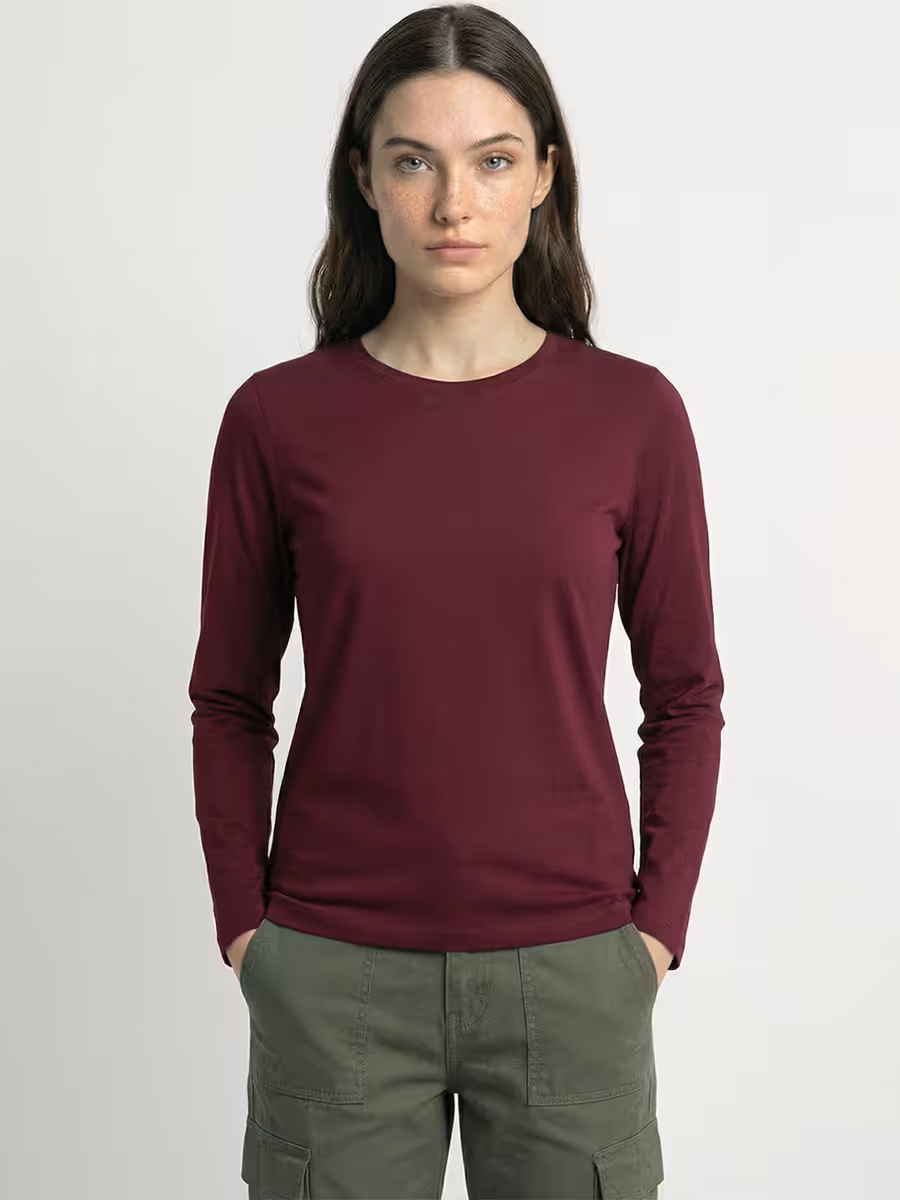 Women's Plain Maroon Full Sleeve Round Neck T-Shirt