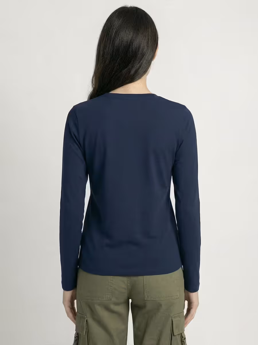 Women's Plain Navy Blue Full Sleeve Round Neck T-Shirt 2