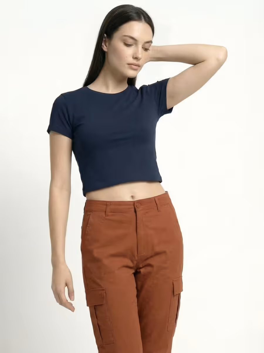 Women's Plain Navy Blue Half Sleeve Crop Top 5