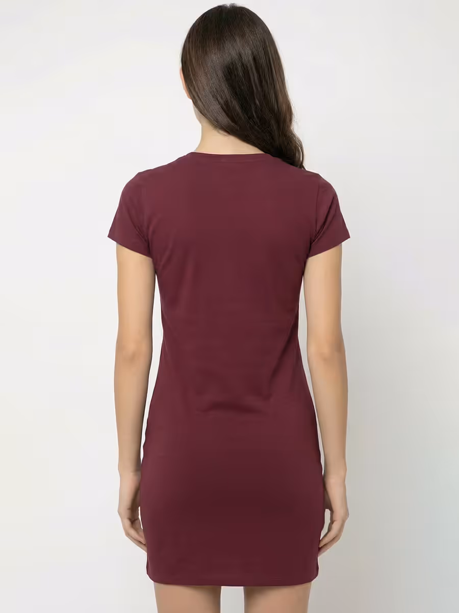 Women's Plain Maroon Half Sleeve T-Shirt Dress 2