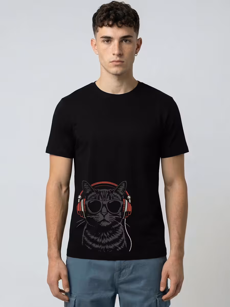 Cool Music Cat T-Shirt For Men - Half Sleeve