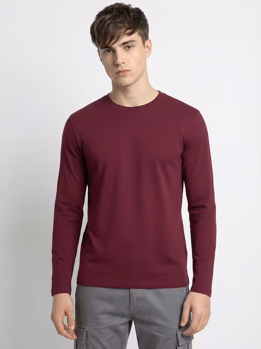 Men's Plain Maroon Full Sleeve Round Neck T-Shirt