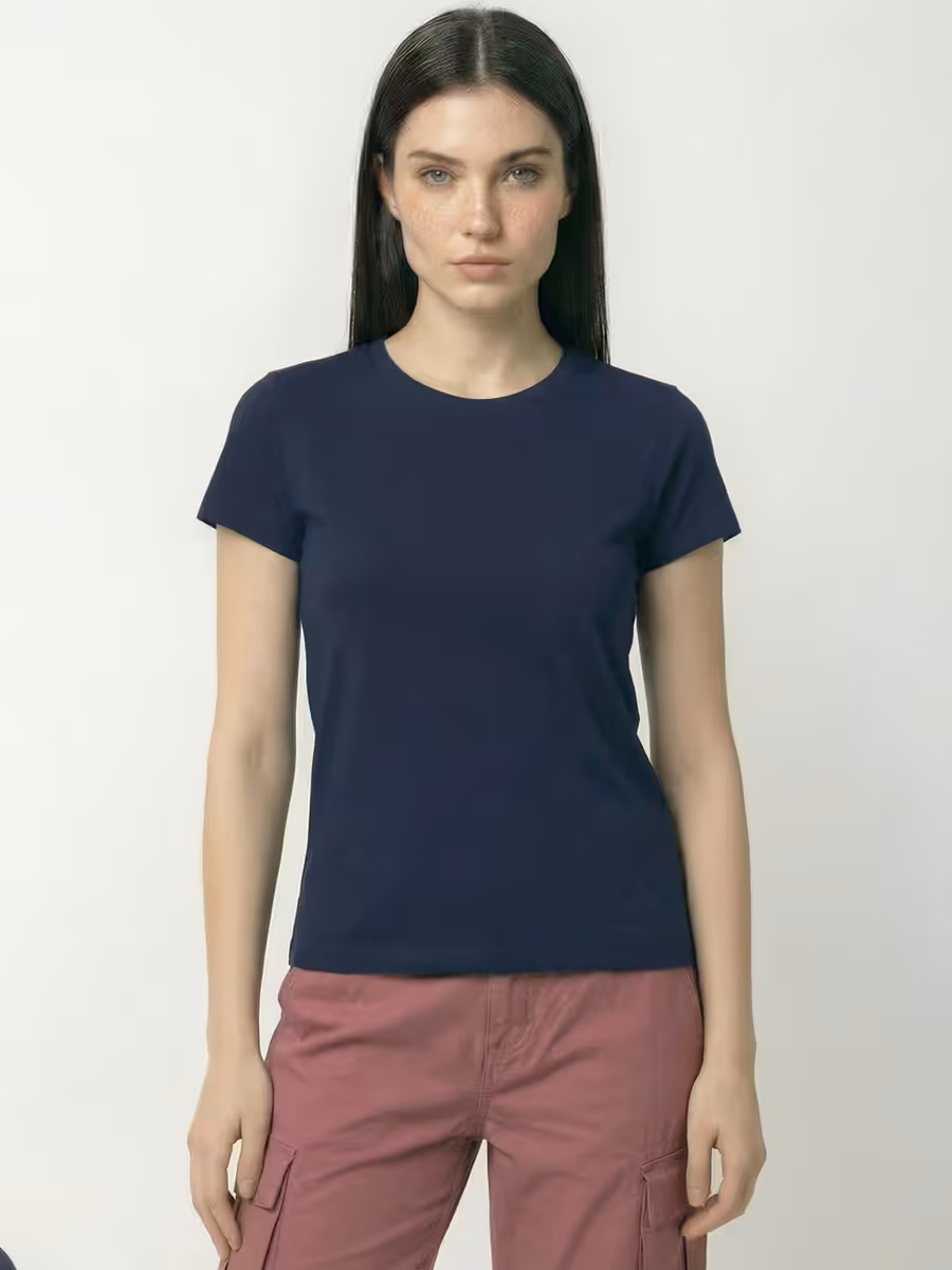 Women's Plain Navy Blue Half Sleeve Round Neck T-Shirt