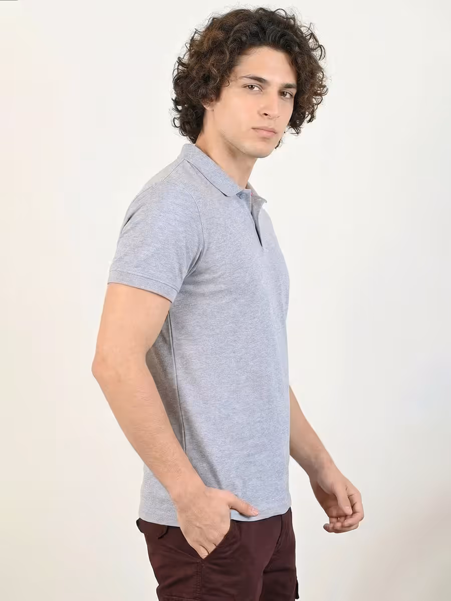 Men's Plain Grey Melange Half Sleeve Polo T-Shirt 3