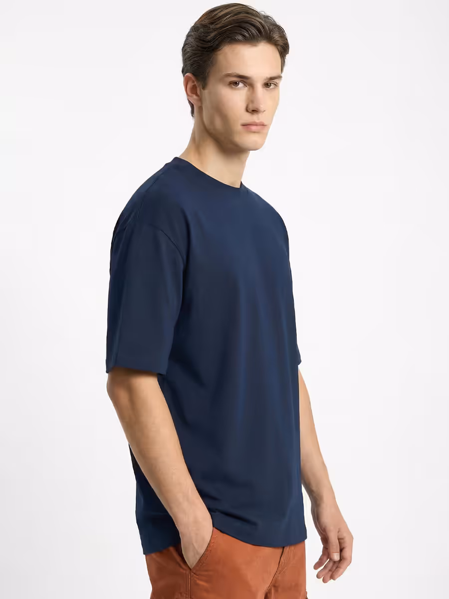 Men's Plain Navy Blue Round Neck Oversized T-Shirt 3