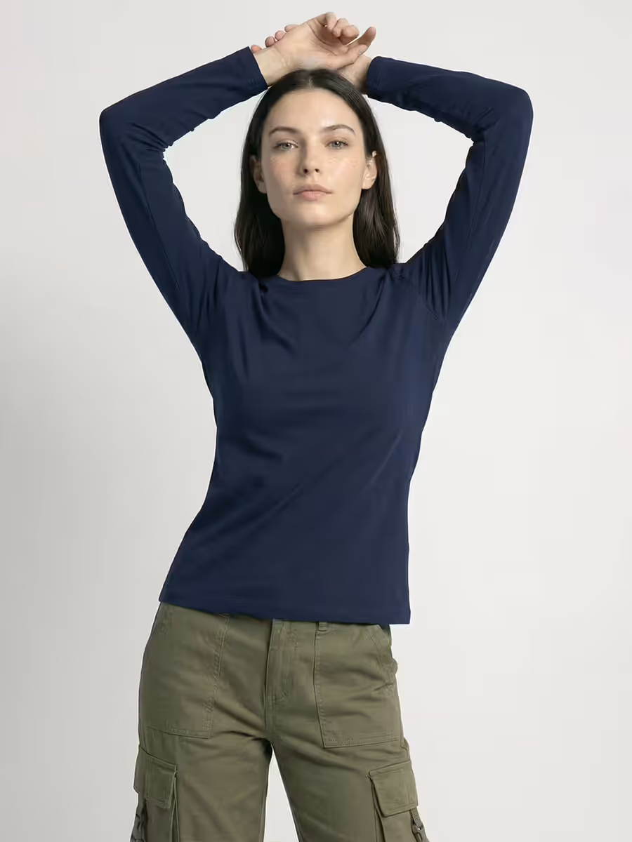 Women's Plain Navy Blue Full Sleeve Round Neck T-Shirt 5