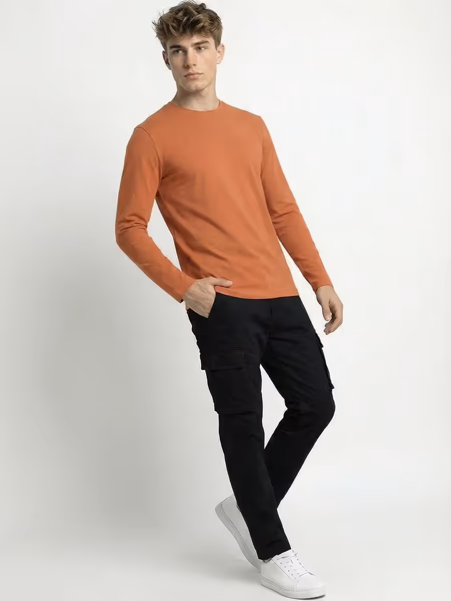 Men's Plain Saffron Full Sleeve Round Neck T-Shirt 4