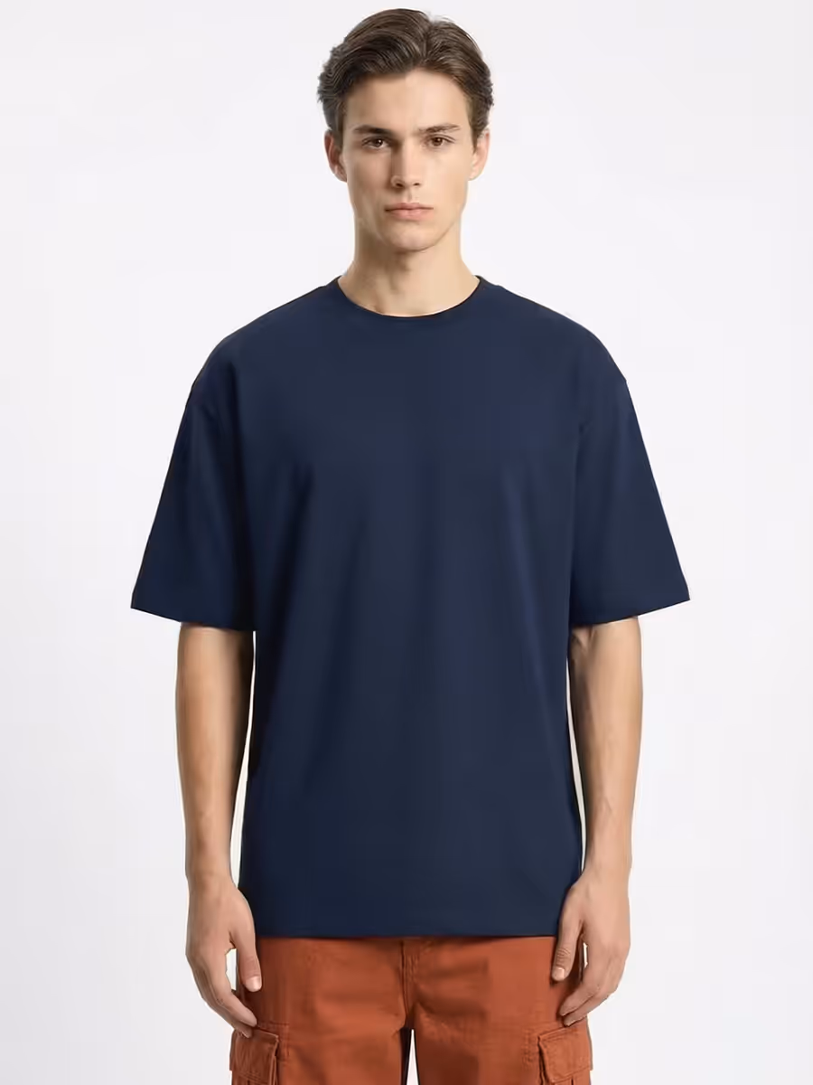 Men's Plain Navy Blue Round Neck Oversized T-Shirt