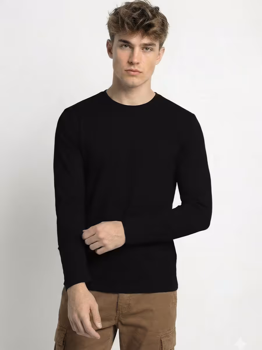 Men's Plain Black Full Sleeve Round Neck T-Shirt